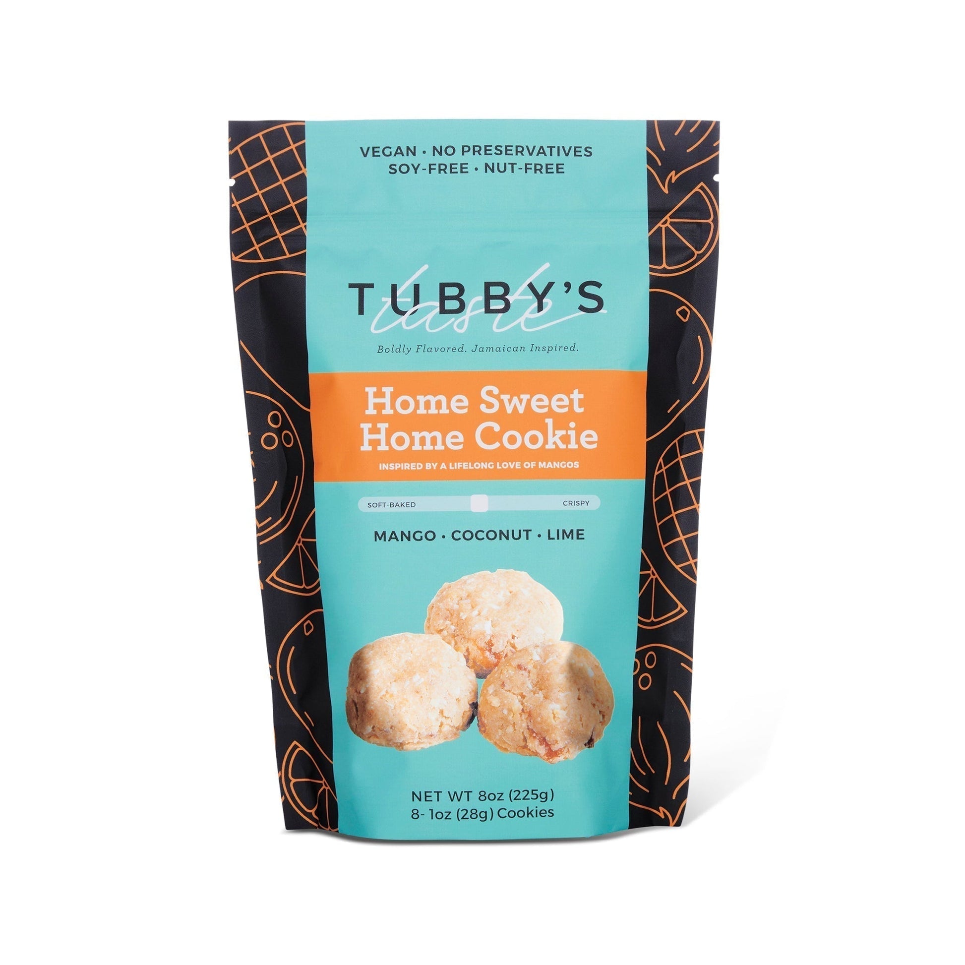 A bag of Tubby's Taste Mango Coconut Lime cookies labeled Home Sweet Home on a white background.