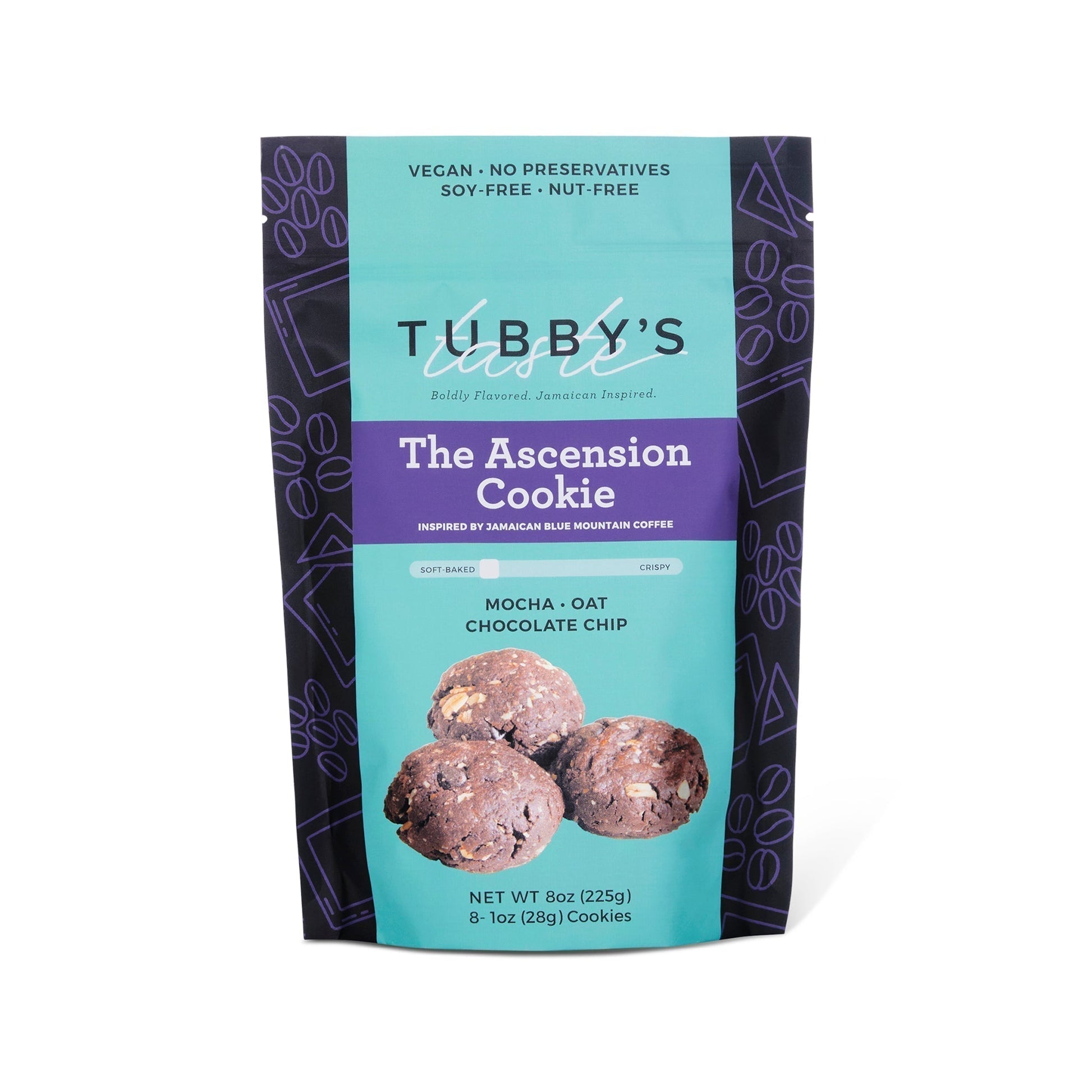 A Tubby's Taste Bag of Mocha Oat Chocolate Chip Cookies on a white background
